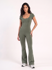 WIDE NECK SHORT SLEEVE FLARED JUMPSUIT