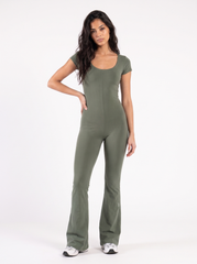 WIDE NECK SHORT SLEEVE FLARED JUMPSUIT