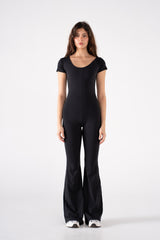 WIDE NECK SHORT SLEEVE FLARED JUMPSUIT