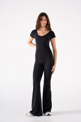 WIDE NECK SHORT SLEEVE FLARED JUMPSUIT