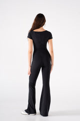 WIDE NECK SHORT SLEEVE FLARED JUMPSUIT