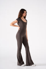 WIDE NECK SHORT SLEEVE FLARED JUMPSUIT