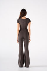 WIDE NECK SHORT SLEEVE FLARED JUMPSUIT