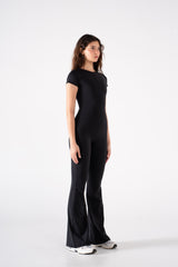 ROUND NECK SHORT SLEEVE FLARED JUMPSUIT