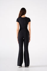 ROUND NECK SHORT SLEEVE FLARED JUMPSUIT