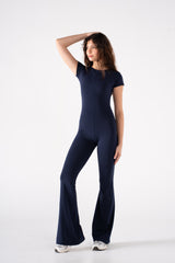 ROUND NECK SHORT SLEEVE FLARED JUMPSUIT
