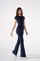 ROUND NECK SHORT SLEEVE FLARED JUMPSUIT