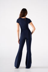 ROUND NECK SHORT SLEEVE FLARED JUMPSUIT