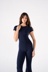 ROUND NECK SHORT SLEEVE FLARED JUMPSUIT
