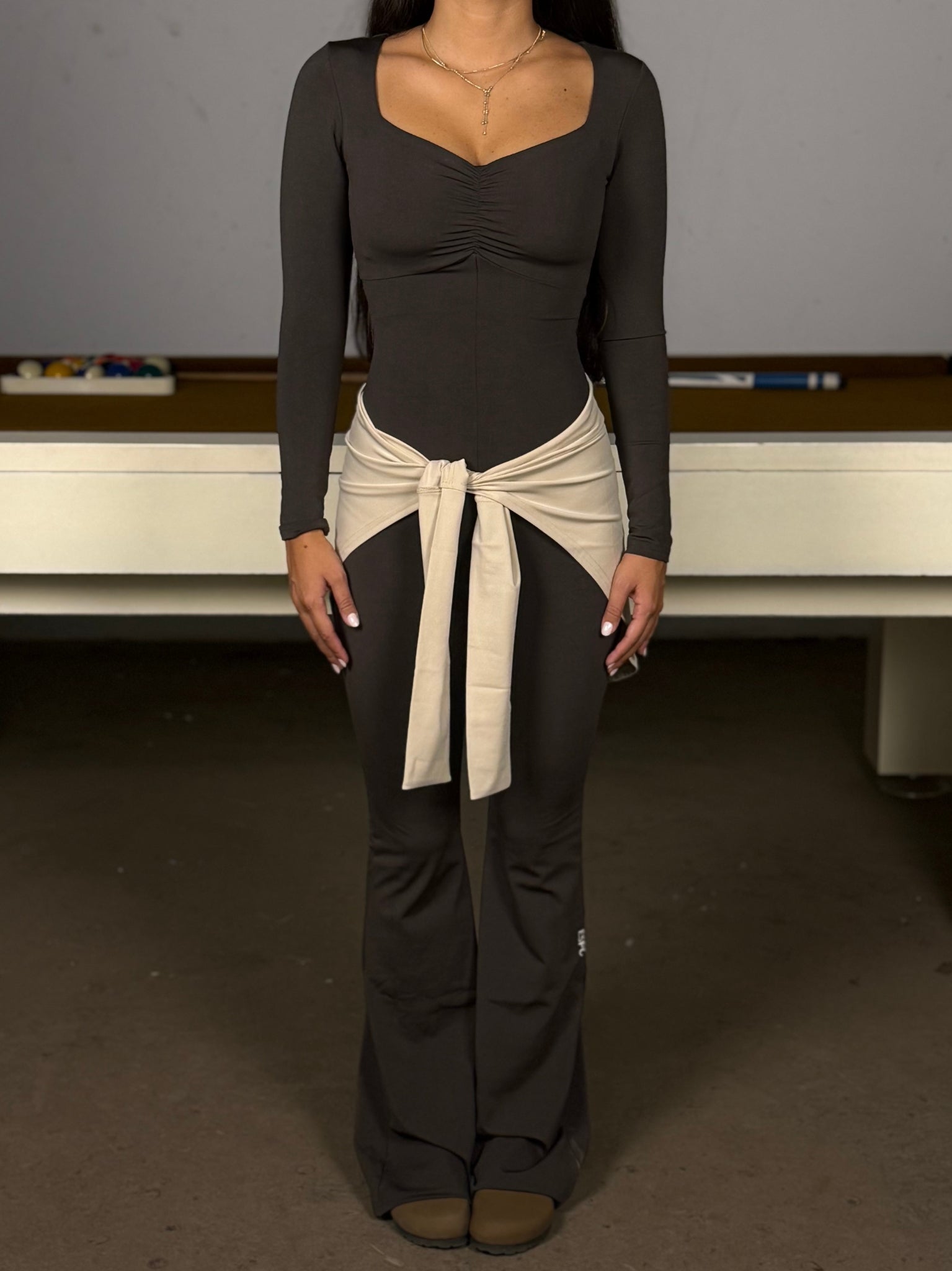 RUSHED LONG SLEEVE JUMPSUIT