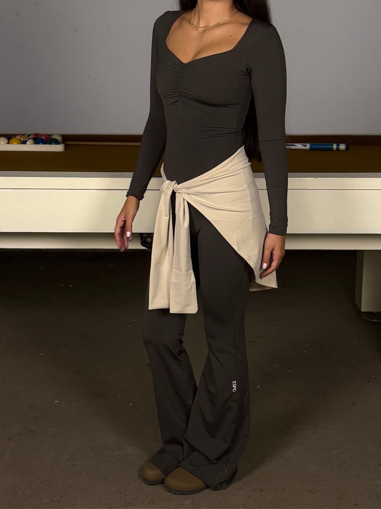 RUSHED LONG SLEEVE JUMPSUIT