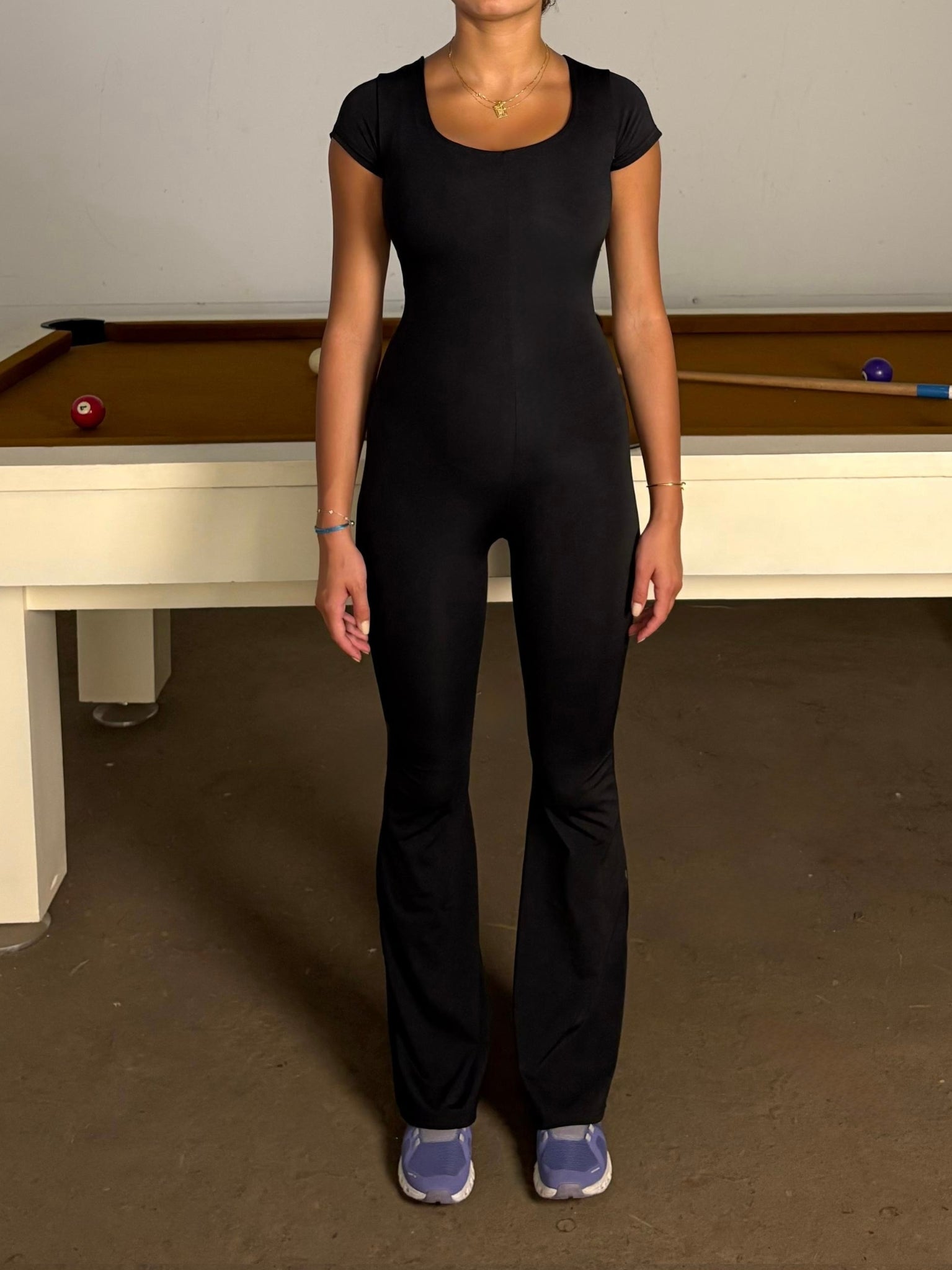 WIDE NECK SHORT SLEEVE FLARED JUMPSUIT