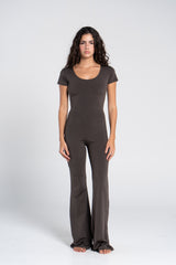 WIDE NECK SHORT SLEEVE FLARED JUMPSUIT