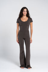 WIDE NECK SHORT SLEEVE FLARED JUMPSUIT