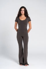 WIDE NECK SHORT SLEEVE FLARED JUMPSUIT
