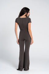 WIDE NECK SHORT SLEEVE FLARED JUMPSUIT