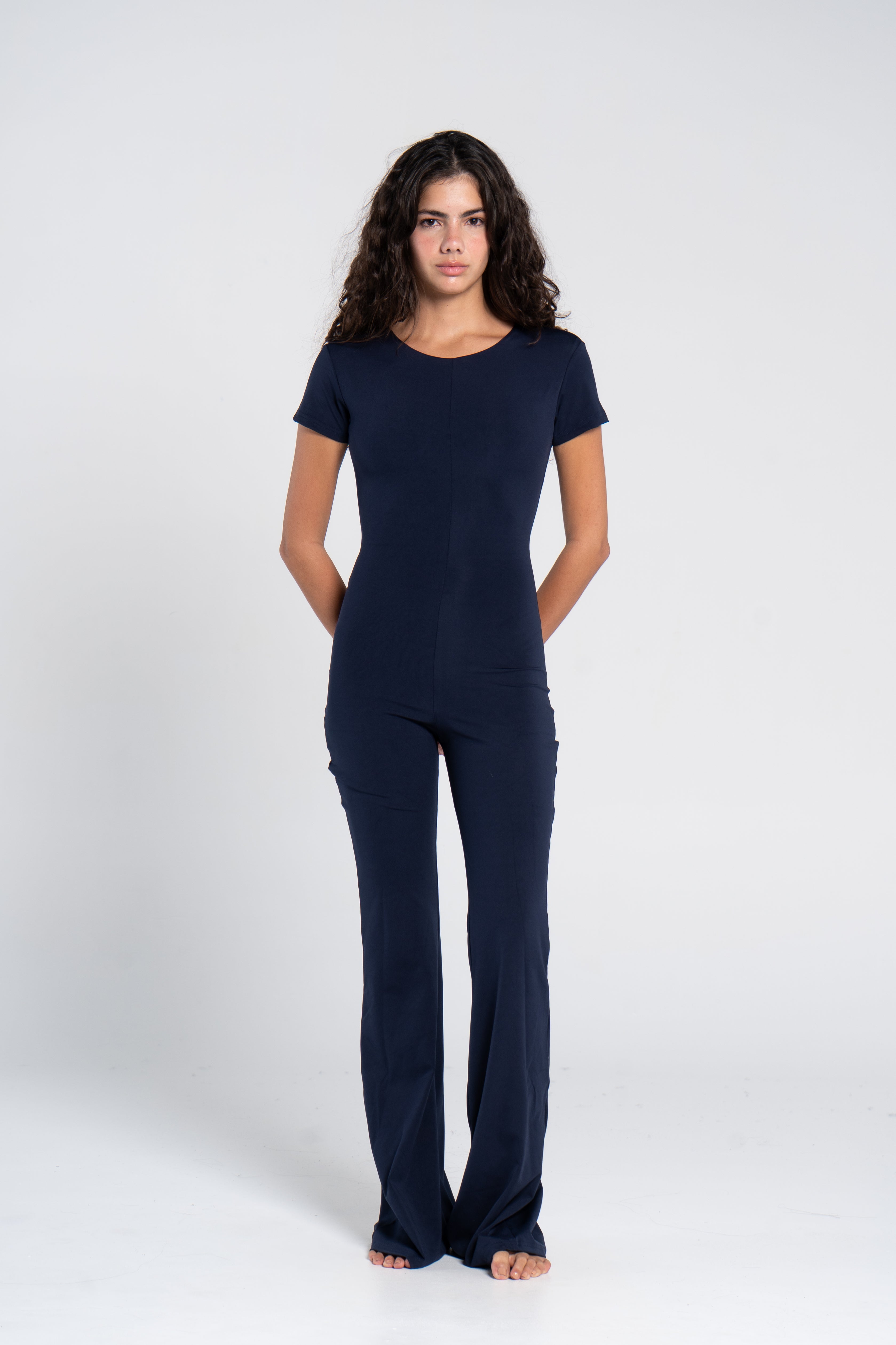 ROUND NECK SHORT SLEEVE FLARED JUMPSUIT