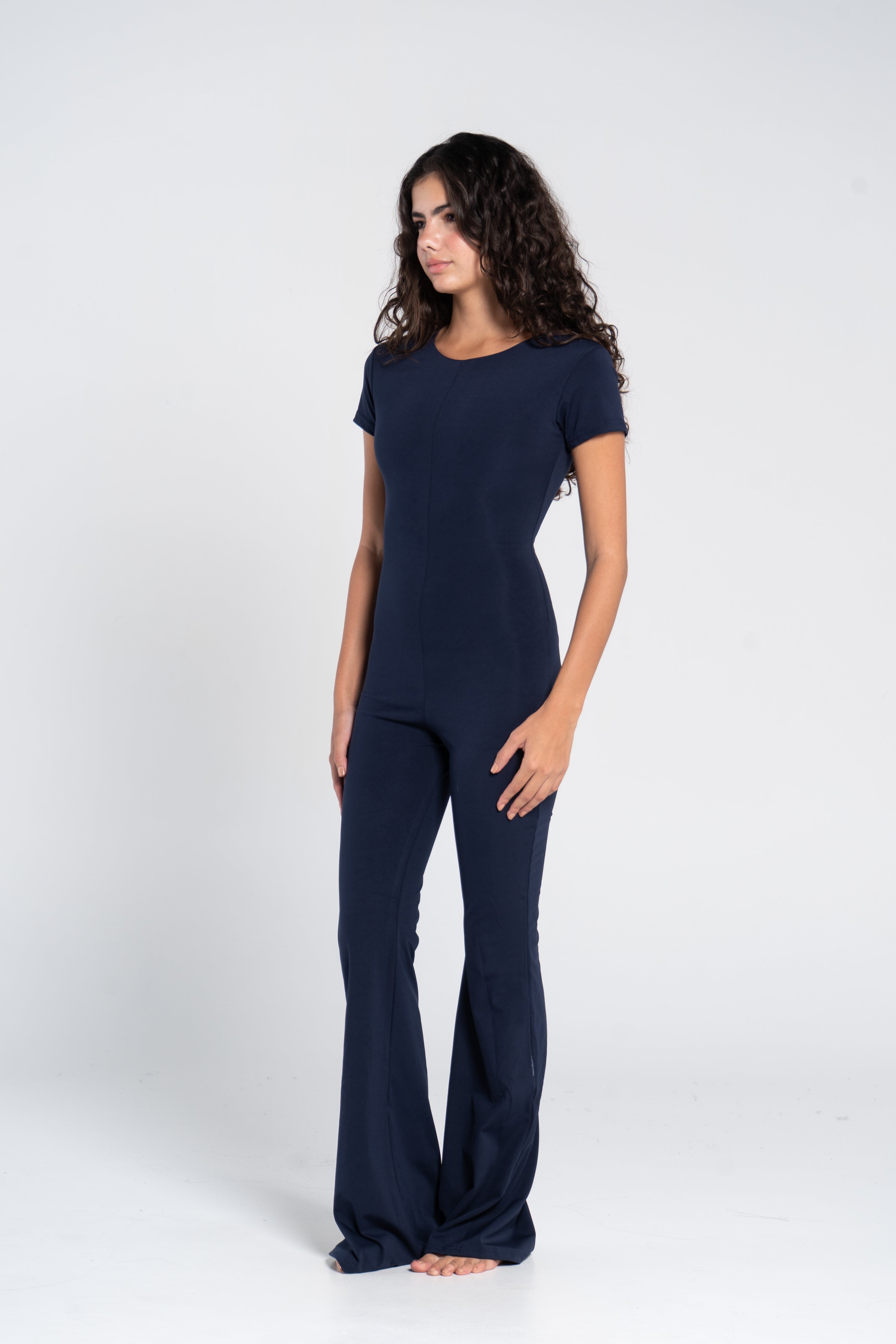 ROUND NECK SHORT SLEEVE FLARED JUMPSUIT