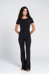 ROUND NECK SHORT SLEEVE FLARED JUMPSUIT