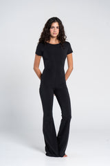 ROUND NECK SHORT SLEEVE FLARED JUMPSUIT