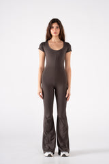 WIDE NECK SHORT SLEEVE FLARED JUMPSUIT