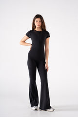 ROUND NECK SHORT SLEEVE FLARED JUMPSUIT